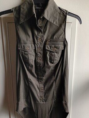 Vintage Bebe Sleeveless Collared Bodysuit Dark Caviar